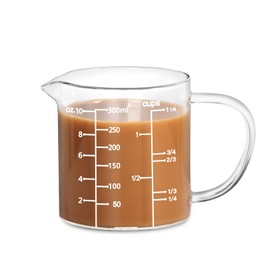 77L Glass Measuring Cup, Clear Liquid Measuring Cup with V-Shaped Spout and Three Scales, High Borosilicate Glass Beaker with Handle for Kitchen or Restaurant, 300 ML (0.3 Liter, 1 1/4 Cup)