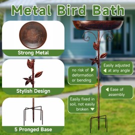 KoolShiro 35In Metal Bird Bath for Garden, 5 Pronged Base and Detachable Metal Stake, Sturdy Garden Birdbath, Vintage Freestanding Bird Bath for Patio Yard Lawn Decor, Durable Bird Bath