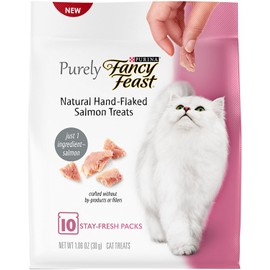 Fancy Feast Cat Treats - Natural Hand-Flaked Salmon Treats - 10 Count Treats Per Pouch - Pack of 4 Pouches