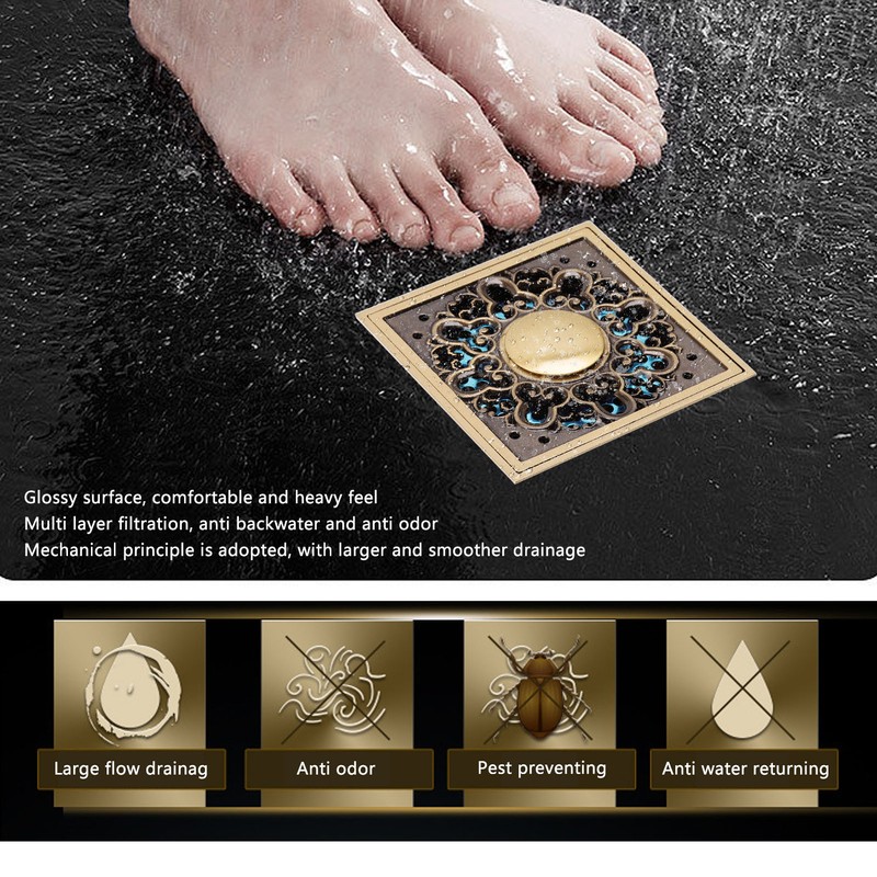 Floor Drain Metal Squared Retro Style Water Drainage Shower Drain