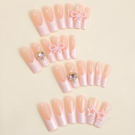 Star Pink Press on Nails Long Coffin French Fake Nails Pearl Rhinestones Glue on Nails Design Glossy Full Cover False Nails Acrylic Nails for Women 24Pcs