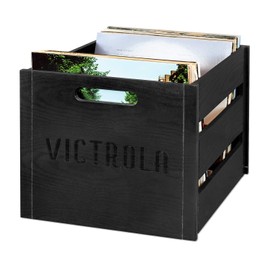 Victrola Wooden Record Crate – Tabletop Vinyl Album Holder, No-Tool Assembly, Holds Over 50 Records, Real Wood Construction, Elegant Design (Black)
