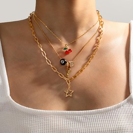JWIGP 3pcs Cherry 8 Ball Necklace Set for Women, Gold Leopard Dice Star Charm Pendant Y2K Stackable Layered Necklaces Fashionable Classic Christmas Jewelry Gifts (3pcs set)