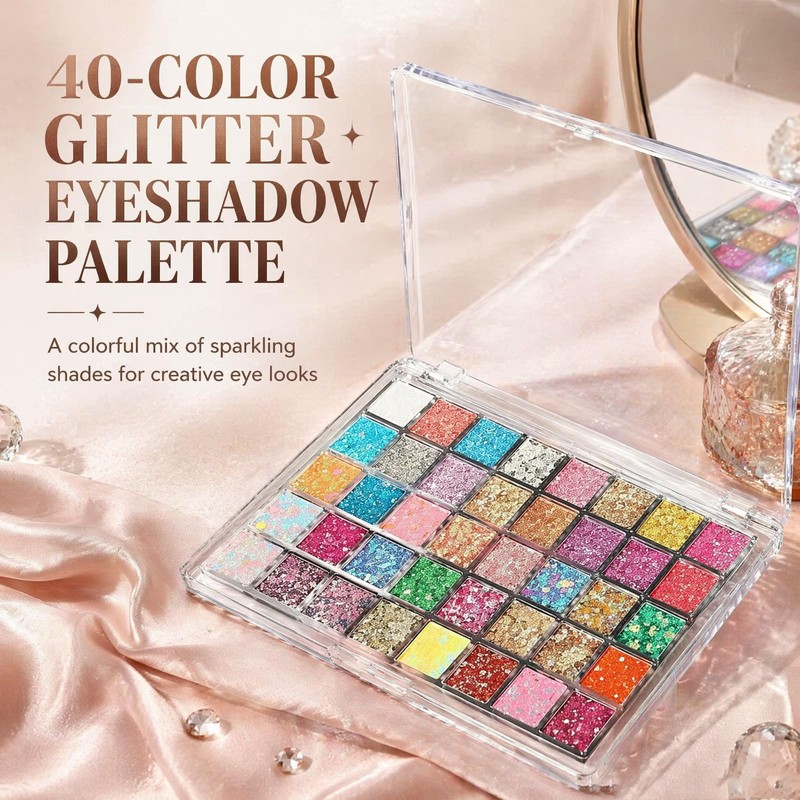 Glitter Eyeshadow Palette 40 Colours, Colourful Shimmer Palette for Women
