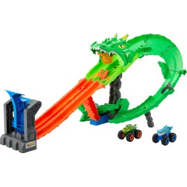 Hot Wheels Toy Monster Trucks, Sharks vs. Dinos Dragon Destruction Playset with 1:64 Scale Great Bite & Rageasaur, Race to Defeat The Cyborg Nemesis