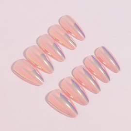 IMRAIN Press on Nails Medium Almond Fake Nails Laser Glossy Pink Glue on Nails Full Cover Acrylic Stick on Nails DIY Nail Art Artificial Cute Summer Nail Supplies 24Pcs