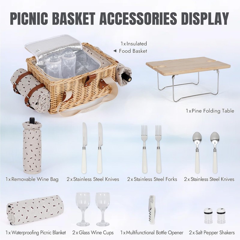 HappyPicnic Picnic Basket for 2, Handmade Wicker Picnic Set with