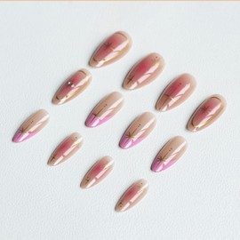 MISUD Press on Nails Almond Medium Fake Nails Glossy Glue on Nails Pink Ombre Acrylic Nails Stiletto Artificial Nails French Tip Stick on False Nails with Gold Chrome Star Design 24 pcs