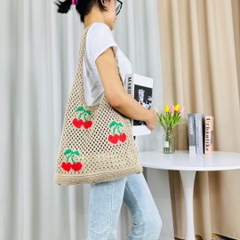 SUOSDEY Crochet Mesh Beach Tote Bag, Summer Vacation Aesthetic Knit Boho Shoulder Bag for Women beige