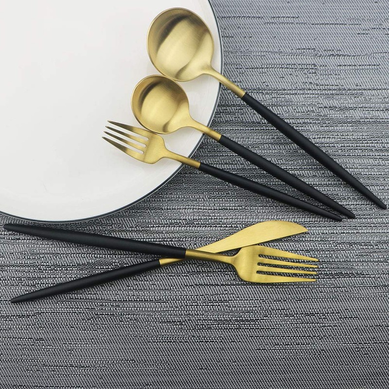 JASHII Luxury Black Gold Flatware, Silverware Sets, 5-Piece Elegant Cute