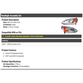 Headlight Assembly - Set of 2 - Compatible with 2001-2003 Honda Civic Coupe