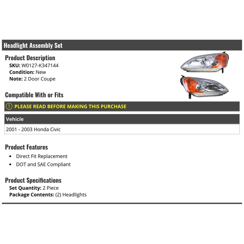 Headlight Assembly - Set of 2 - Compatible with 2001-2003