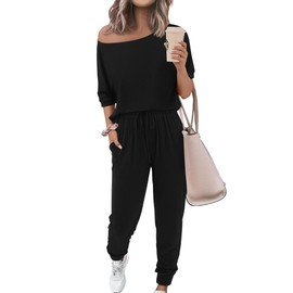 Zenlonr Women Summer 2 Piece Outfits 2024 Off Shoulder Short Sleeve Tops Elastic Waist Drawstring Long Pants Tracksuit(Black,Medium)