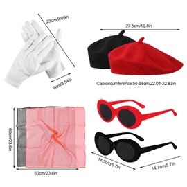 UILYNIU 8 piece French Women set, Fancy Dress Costume Accessories Set French Artist Mime Kit,with Red Black Beret Scarf Sunglasses Gloves,for Girls Cosplay Party Supplies School Dress Up (Red,Black)