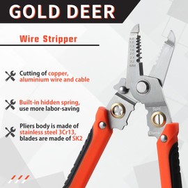 GOLD DEER Wire Stripper, Electrician, Multi-functional Strip Plier, Auto Multi Stripper, Usage Range: 0.03 - 0.13 inch (0.8 - 3.2 mm²) (10AWG-22AWG) Electrician Multi-functional Wire Stripper, High