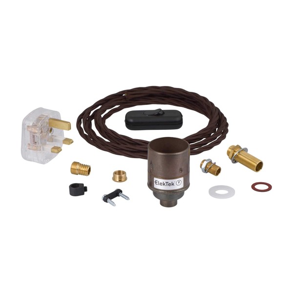 ElekTek Premium Lamp Kit Antique Brass Plain E27 Lamp Holder with Twisted Brown Flex, in Line Switch and 3A UK Plug