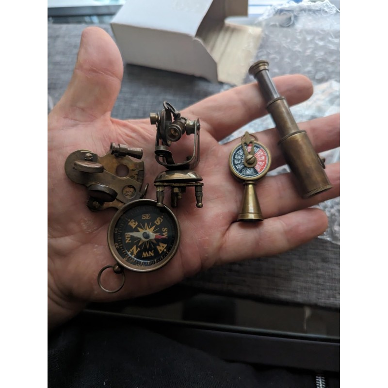Set of 5 Brass Miniature Nautical Replicas–Vintage-Style Telescope, Compass, Sextant,