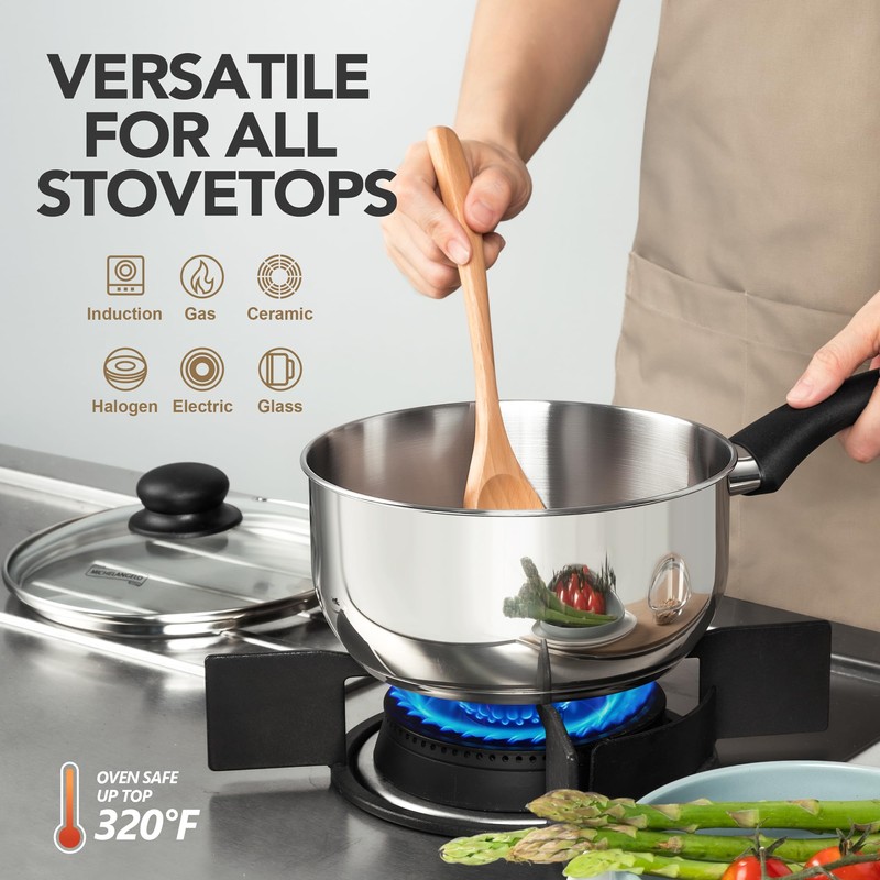 MICHELANGELO Stainless Steel Saucepan with Lid 6pcs, Triply Base Stainless