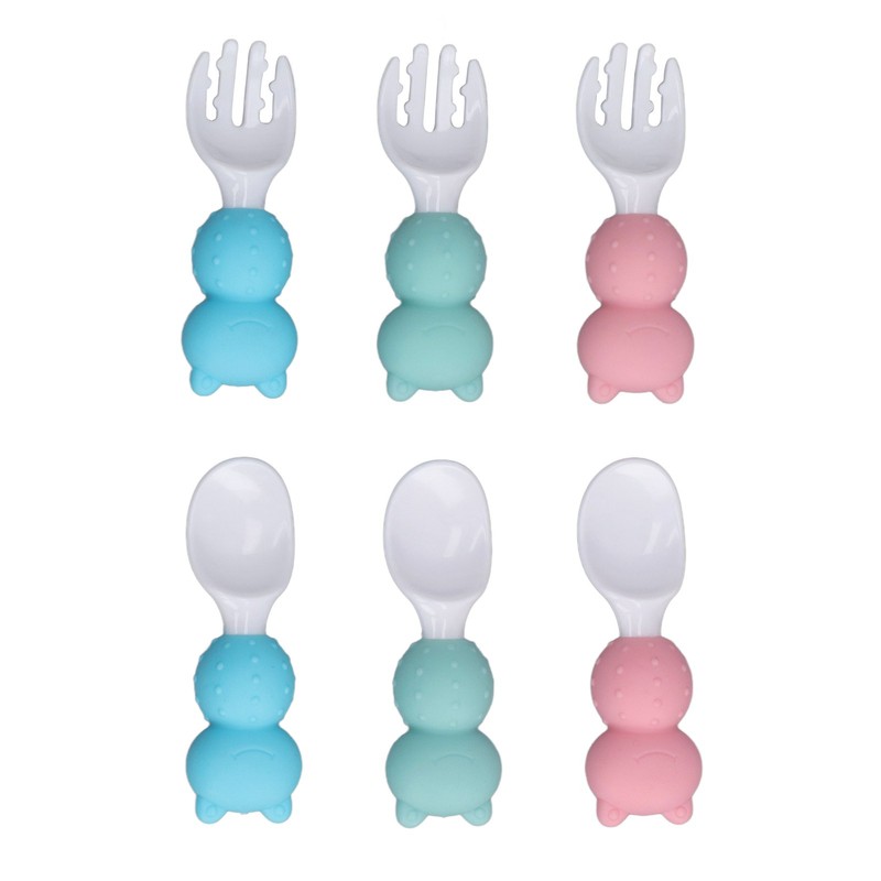 Baby Spoons Forks Set Short Handle Silicone Self Feeding Utensils
