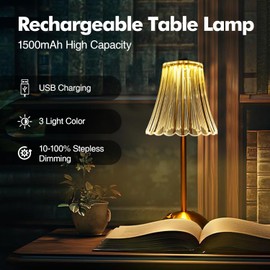 Ailistore Rechargeable Table Lamp - Cordless Lamp, 3 Color Modes & Dimmable LED Touch 12'' Tall Portable Crystal Gold Metal Battery Operated for Bedroom/Living Room/Restaurant/Outdoor