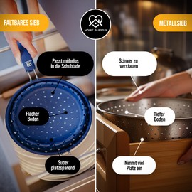 HOME SUPPLY 3-in-1 Faltbares Sieb aus Silikon und rostfreiem Edelstahl, Küchensieb, Nudelsieb, Dampfgar Einsatz, Abtropfsieb, platzsparend, multifunktional, geschirrspülfest, 21cm Marineblau