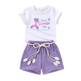 YOUNGER TREE Toddler Baby Girl Summer Clothes Mermaid Printed T-shirt Purple Shorts with Cute Belt Girls Outfit Clothing (Mermaid, 4-5 Years)