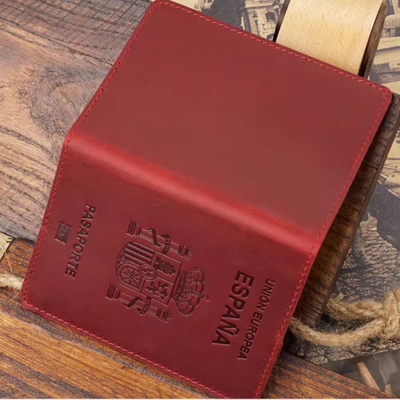 Porta pasaporte español, portadocumentos de piel vaca, tarjetero retro for