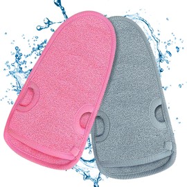 Pack of 2 Exfoliating Gloves, Shower Body Massage Glove, Body Scrub Glove with Thumb Holes, Glove Exfoliating for Body and Face, for Bath Sponge Spa (Grey + Pink)