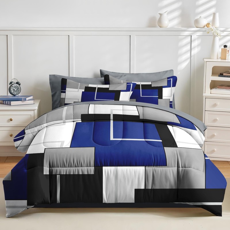 Nesker Comforter Set King Size, Blue Black Geometric 7 Pcs