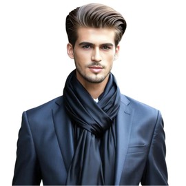 LA FERANI Men's Scarf 100% Silk Chiffon Neckerchief Silk Scarf 180 x 80 cm Plain Colour for Suit Dark Blue Cloth Silk Scarf Stole Business Style Gift for Him, black