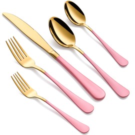 MDEALY 20-Piece Gold and Pink Silverware Set for 4, 18/0 Stainless Steel Flatware Cutlery Utensils Set, Include Dinner Knives,Dinner Forks,Dinner Spoons,Salad Forks,Teaspoons,Dishwasher Safe…