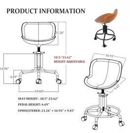 Topower Antique Industrial Design Metal Adjustable Height Kitchen Dining Breakfast Chair Industrial Style Bar Stool with Wheels, Fully Welded, Cinnamon PU Leather Seat
