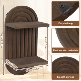 Yallmie 2Pcs Bohemian Wooden Wall Shelves, Bohemian Hanging Shelf Display Floating Rainbow Wall Shelf, Wood Wall Mount Book Shelf for Home Room Small Plants Decor (Brown-2)