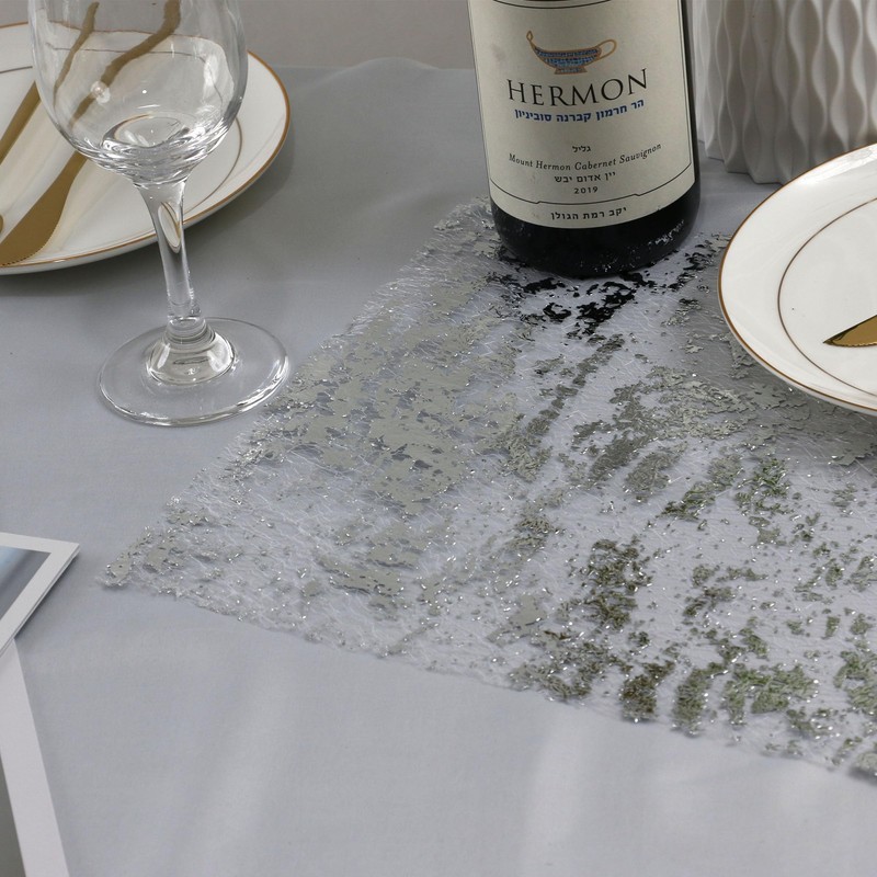 Silver Table Runner 15M, 28cm Width Hollow Metallic Glitter Sequin