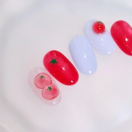 Cherry Tomato Red Syrup Handmade Nail Tips - Almond Midi / 방울토마토 레드시럽 수제네일팁 - 아몬드미디