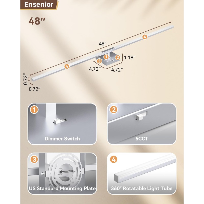 Ensenior Modern Bathroom Vanity Light 48 Inch, Built-in Dimmer, 28W