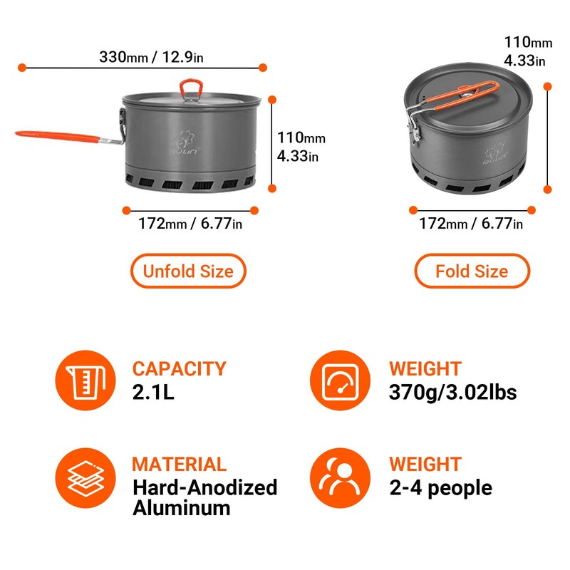 Bulin Camping Cooking Pot Heat Exchanger Outdoor Camp Pot 1.5/2.1