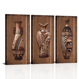 Zlove 3 Pieces Vintage African Vase Canvas Wall Art Traditional Tribal African Floral Pot Still Life Farmhouse Painting for Kitchen Home Bedroom Ready to Hang 16x32inchx3pcs (Brown)