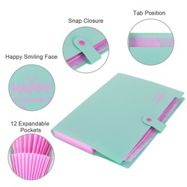 12 Pockets Expanding File Folder, HAISSKY Letter A4 Paper Pockets Accordion Document Organizer[Green & Pink]