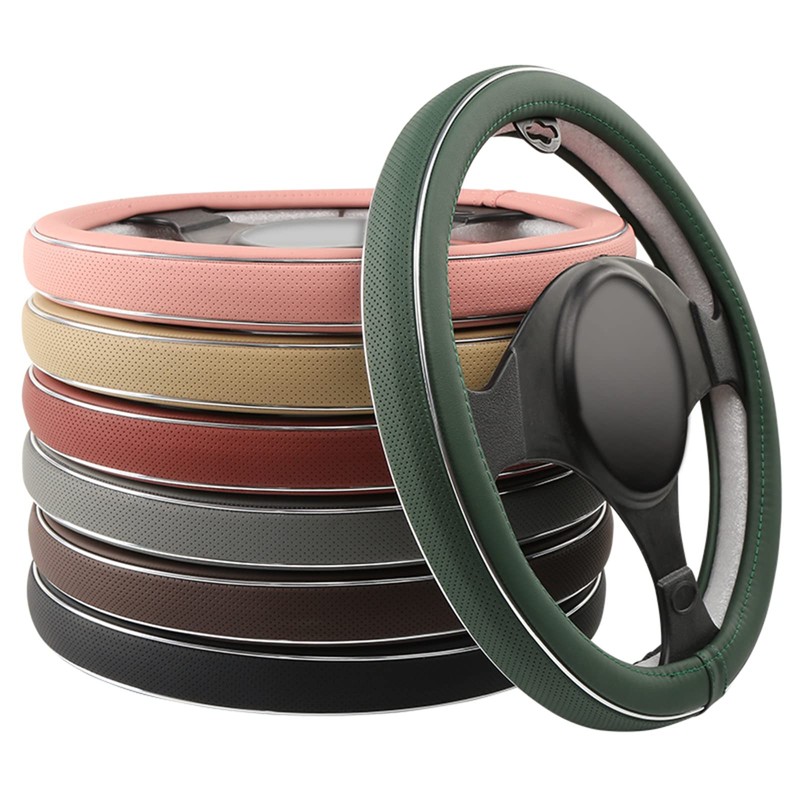 ALEMODR Green Leather Steering Wheel Cover Fiber Strip Car Steering