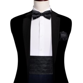 Barry.Wang Cummerbund Bow Tie Set for Men, Silk Cummerbund Pretied Bow Tie Pocket Square Cufflinks