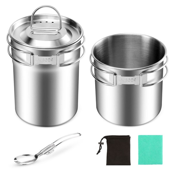 Odoland Camping Cookware Kit Lightweight Cooking Mess Set Stainless Steel 5Pcs with Pot, Spork, Cup, Clean Cloth and Carry Bag for Outdoor Hiking Picnic Party