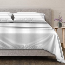 Mayfair Linen 100% Egyptian Cotton Sheets Full Size Bed Set - 4 PC 600 Thread Count Full Sheets Set Egyptian Cotton, Ultra Soft, Cooling, 16" Deep Pocket Sateen Weave Luxury Bedsheet, White Stripe