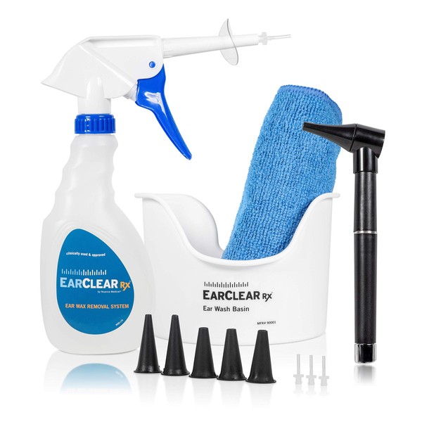 Ear Wax Removal Kit by EarClear Rx - Ear Wax Cleaning System for Adults & Kids- Rigid Tip Kit with Otoscope Penlight, Basin and 3 Disposable Tips and Microfiber Towel