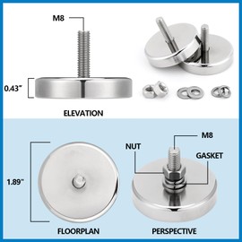 Flutesan 4 Pieces Heavy Duty Neodymium Round Mounting Magnet with Bolt 1.89in-240lb-M8 Silver with Male Thread Stud Strong Rare Earth Magnet Super Powerful for Lighting Camera Brackets License Plate
