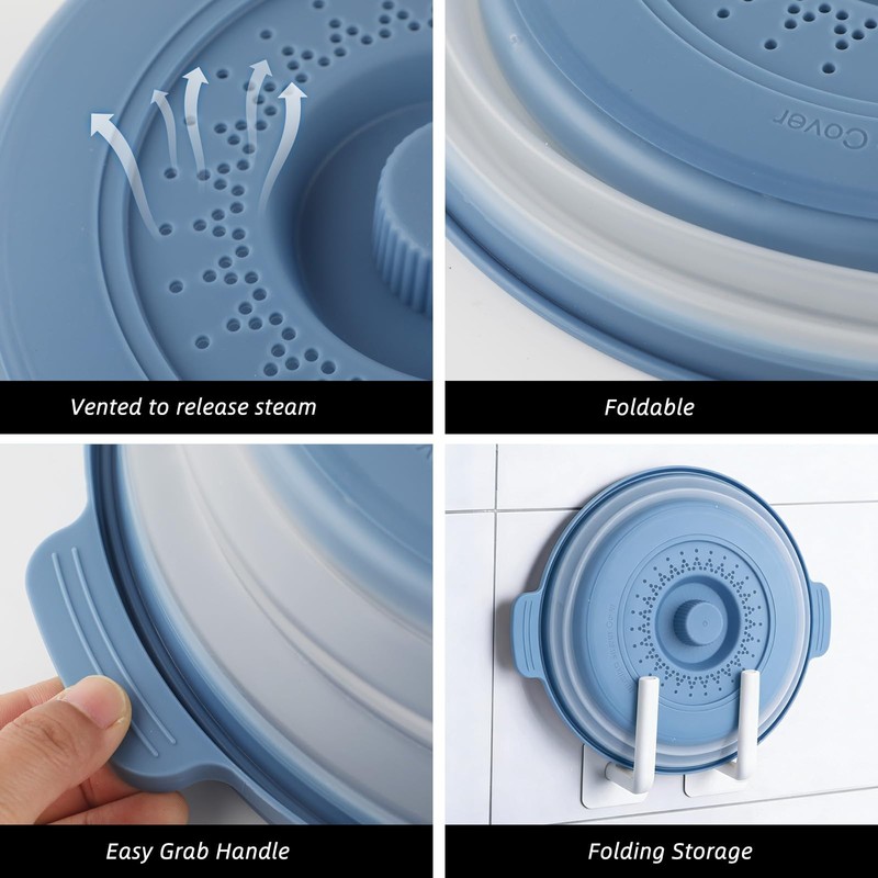 2 Pcs Microwave Splatter Cover, 10.7'' Blue&Grey Collapsible Splatter Guard&Vegetable