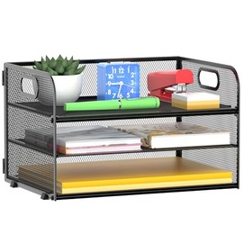 MINDEPOT Bandeja organizadora de papel de 3 niveles con asa, bandeja de malla para oficina, hogar, escuela (1 unidad), color negro