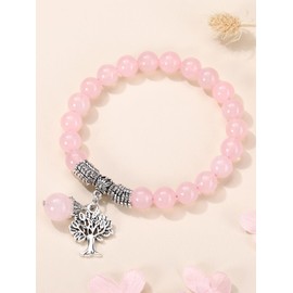 JSDDE Natural Rose Quartz Crystal Bracelet Reiki Healing Crystal Gemstone Beads Bracelet with Life Tree Charm Bracelets for Women