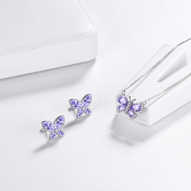Aurora Tears Purple Butterfly Jewellery Sets Women 925 Sterling Silver Animal Butterflies June Birthstone Alexandrite Necklace/Earring Set Crystal Wedding Birthday Jewelry DS0090U