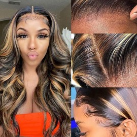 haha 1B/30 Brown Ombre Lace Closure Wig Human Hair Highlight Lace Front Wig 4x4 Body Wave Honey Blonde Highlight Wig Human Hair Glueless Pre Plucked Bleached Knots 150% Density Balayage 14 Inch
